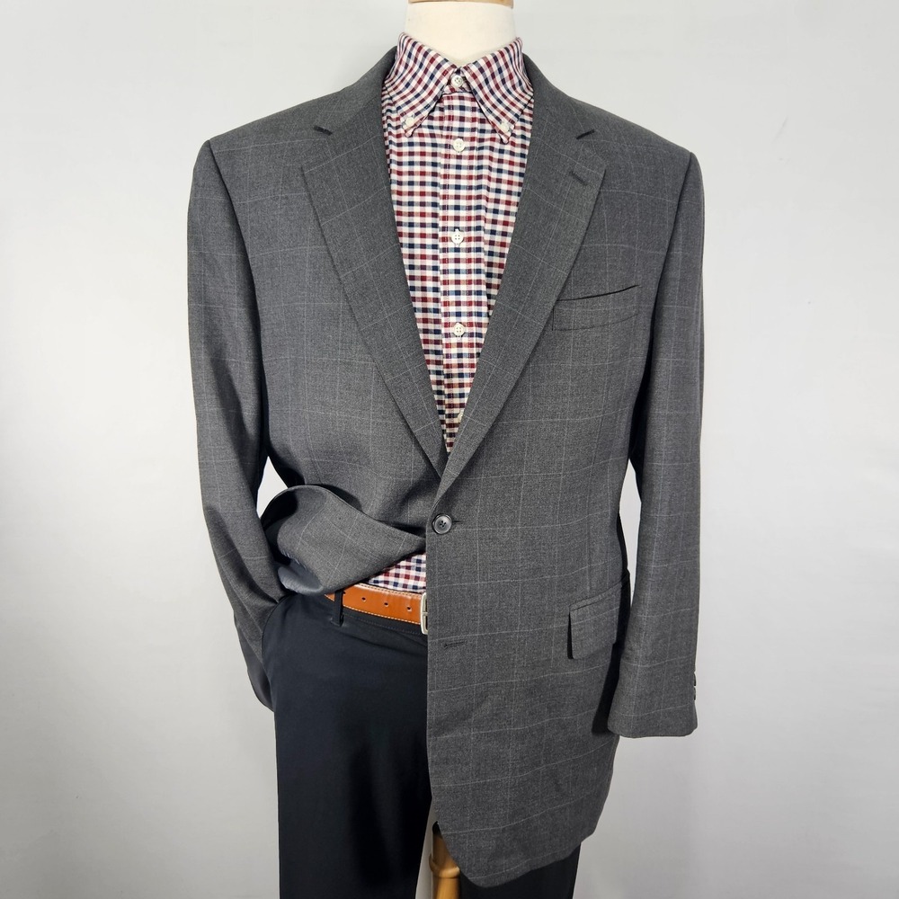 JOS A BANK Men's Sport Coat Blazer Two Button‎ Gray Windowpane Wool 44L